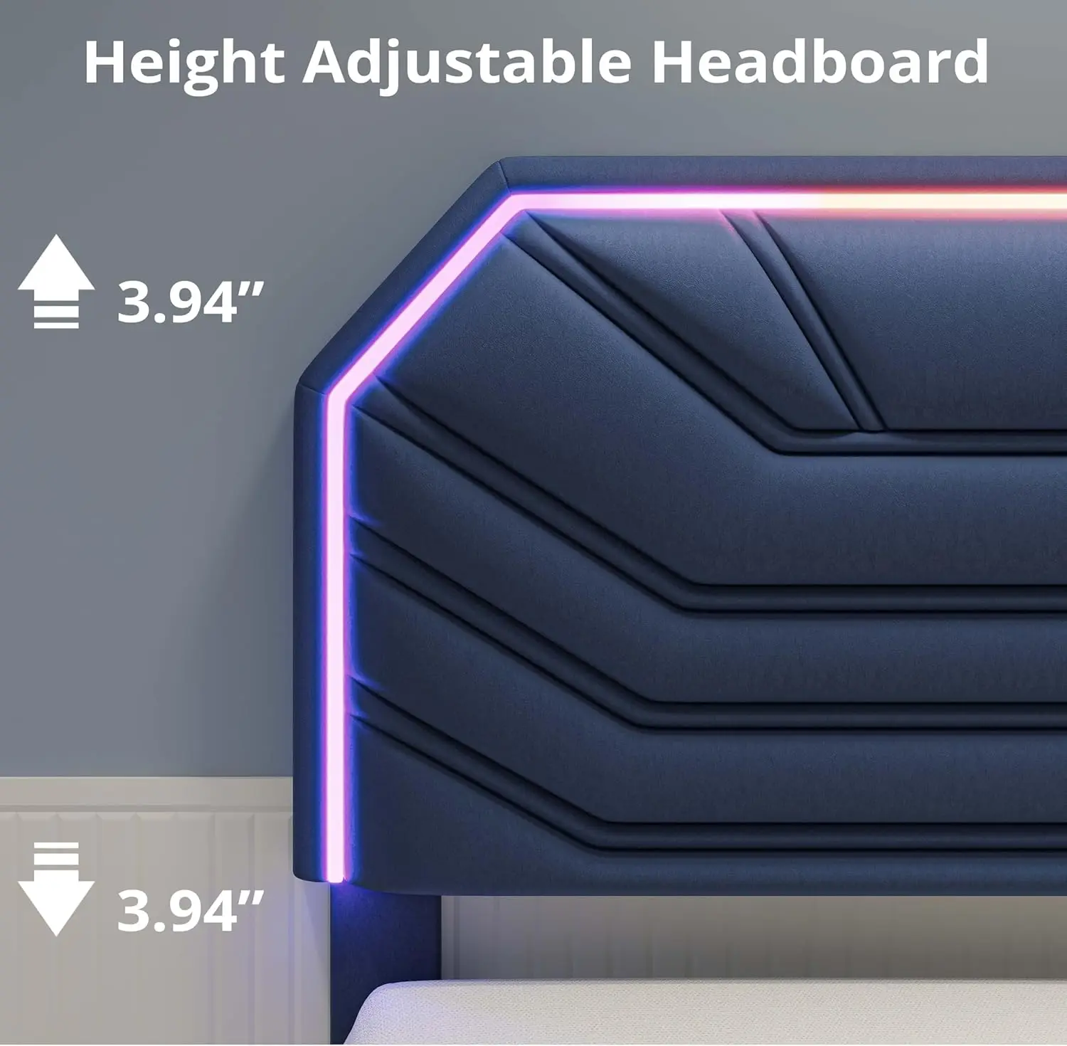 إطارات سرير LIKIMIO Twin / Twin XL مع لوح رأسي مضاء، سرير منجد حديث بمنصة كاما مزدوجة مع دعامات شديدة التحمل