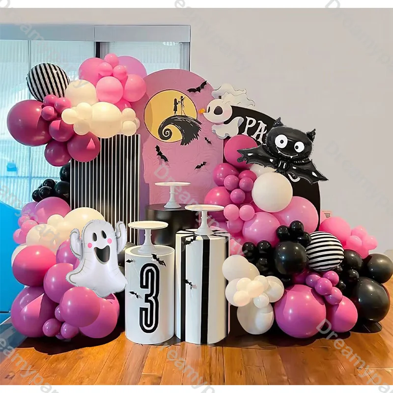 114pcs Halloween Balloons Party Kit Retro Pink Black Balloon Bat Stickers Fall Baby Shower Gender Reveal Haunted House Decor