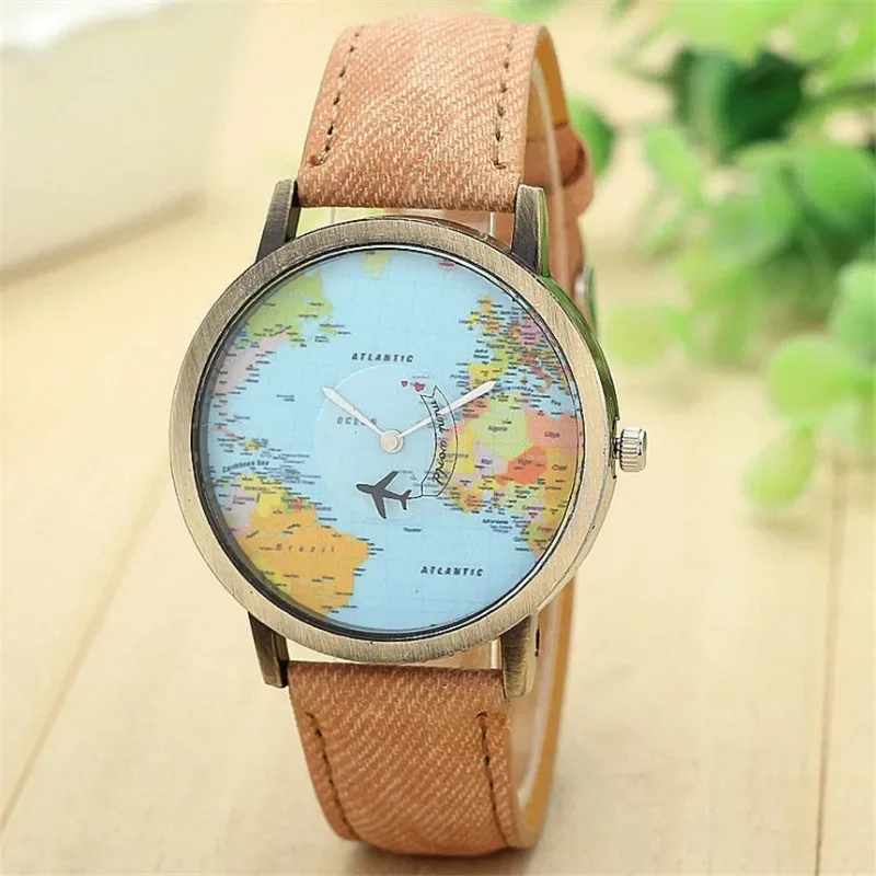 Mode rétro ceinture montre à Quartz avion orbite la terre Cowboy bracelet montre pour hommes femmes carte du monde impression cadran rond