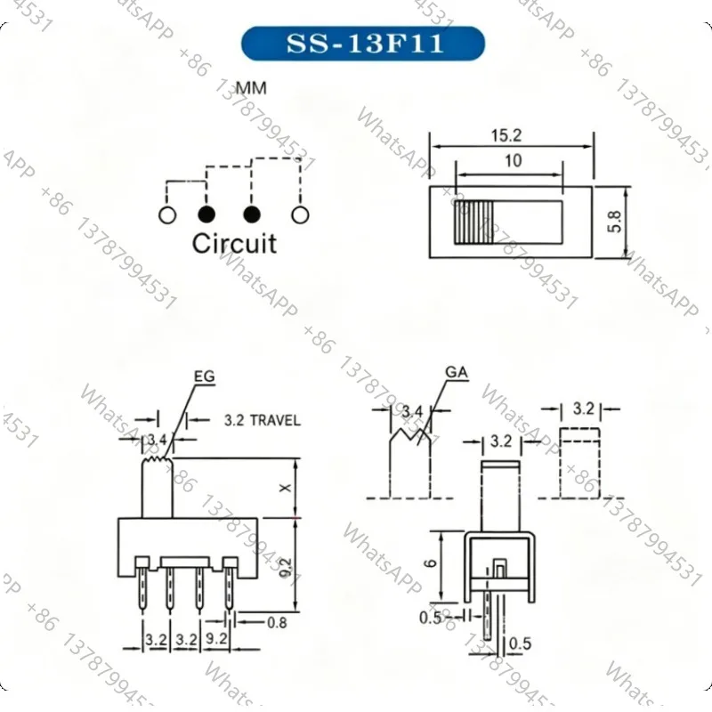 10pcs x On/On/On 3 Position 1P3T SP3T Vertical Slide Switch 4 Pin PCB 0.5A 50V DC SS13F11/13F06