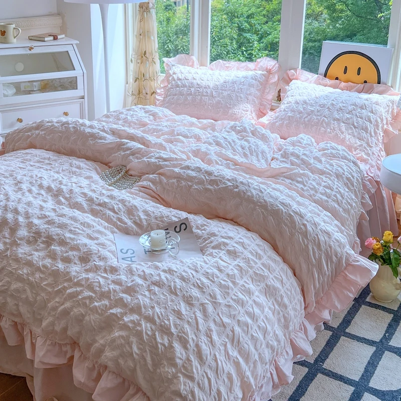 3pcs Korean lace Bedding set seersucker Duvet Cover Set (1*Duvet Cover + 2*Pillowcase, Without Core)for bedroom guest room
