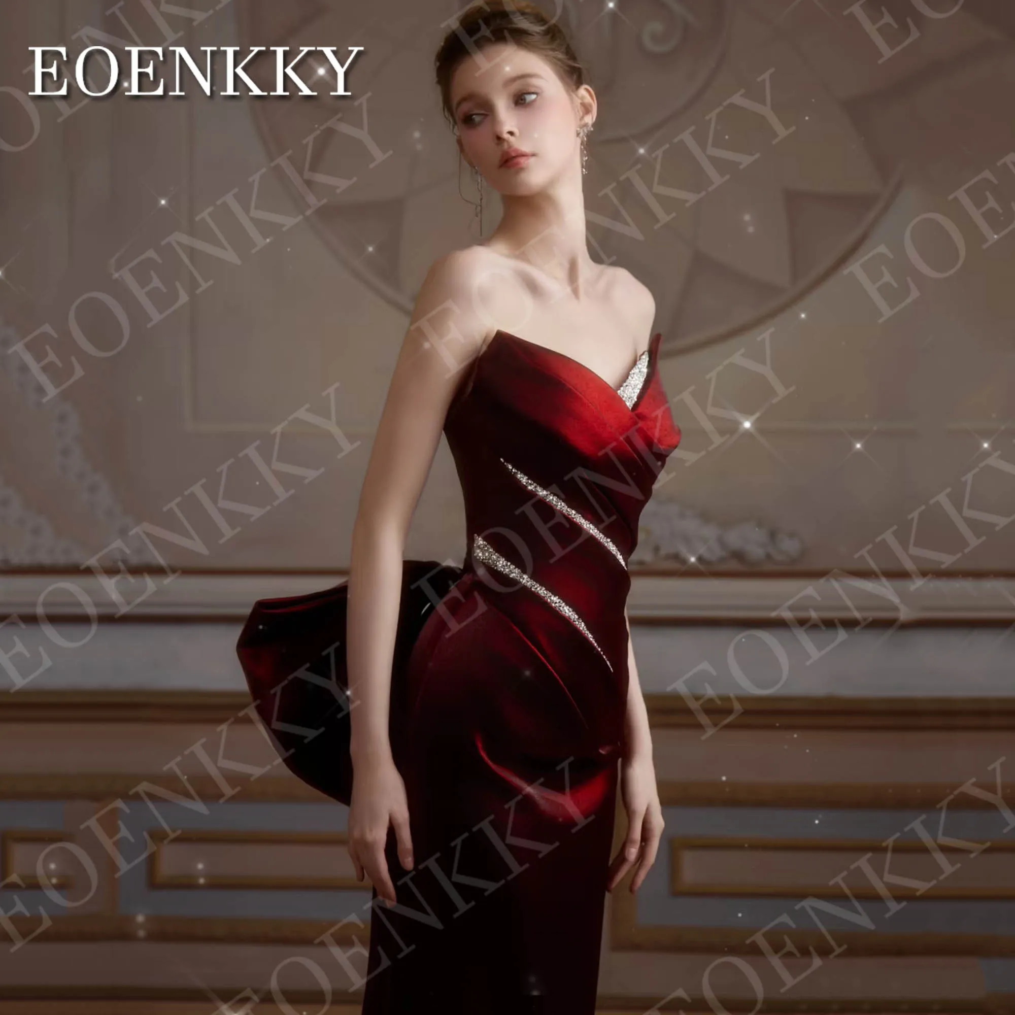 EOENKKY Borgogna Abito da sera elegante per donna Senza spalline Scollo a V Sirena in raso Abiti da festa formali Abiti personalizzati Borgogna elegante abito da sera per donna senza spalline V collo raso sirena formal