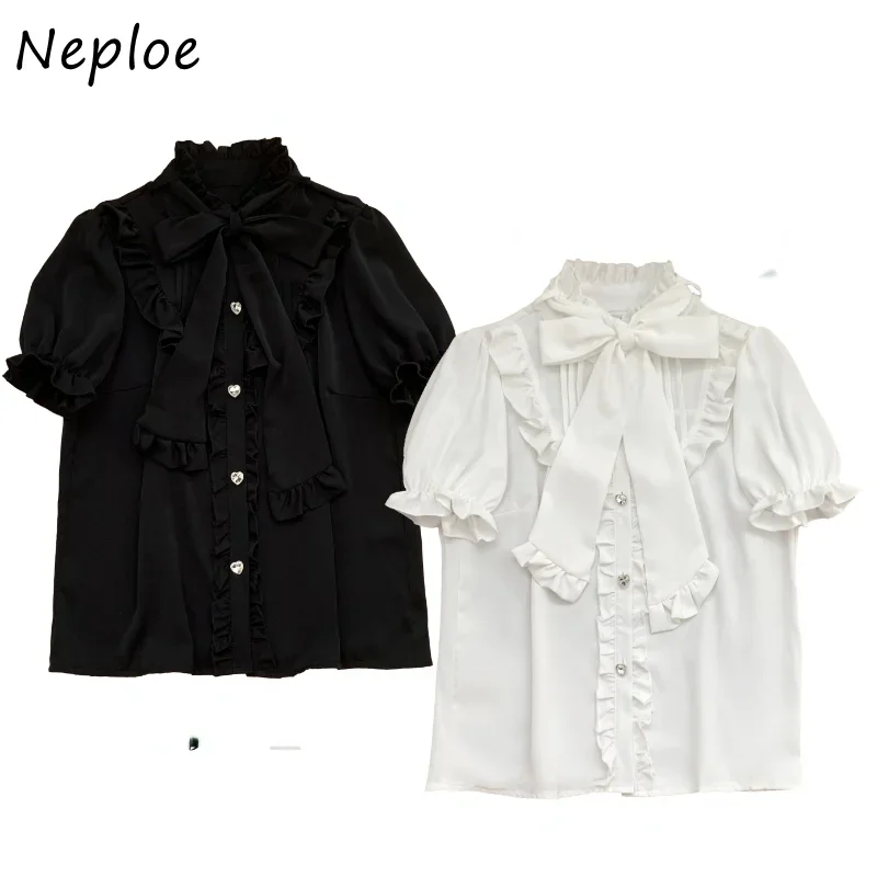 Noploe 2024 Japanese Sweet Fungus Shirts Lace Up Bow Design Women Tops Elegant Preppy Style Long Sleeve Cute Blouses Summer