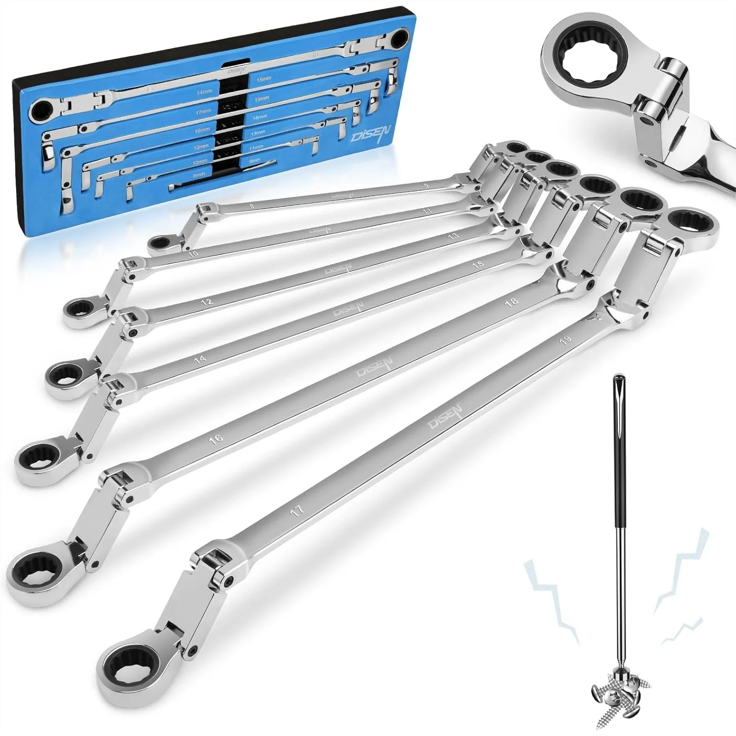 

Double Jointed Extra Long Flex Head Ratchet Wrench Set, 6 PCS Metric 8-19mm with Magnetic Pickup Tool, Cr-V Steel