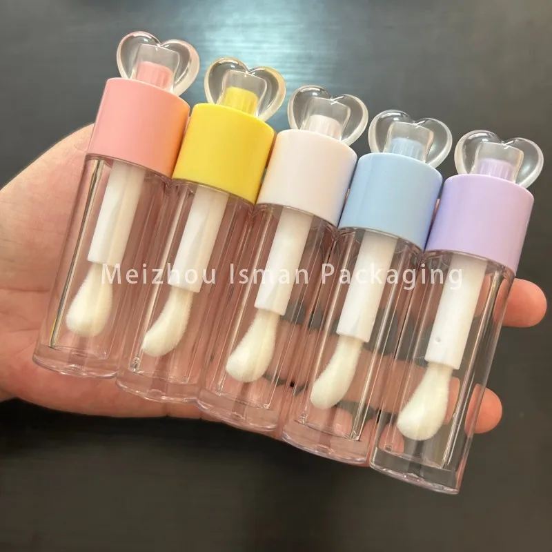 

50Pcs Wholesale 7ml White Pink Yellow Blue Purple Heart-Shaped Clear Lipgloss Tubes with Big Wand for Cosmetics Packaging