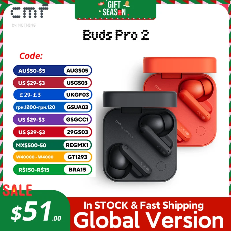 글로벌 버전 CMF by Nothing Buds Pro 2 50dB 하이브리드 액티브 노이즈 캔슬링 6MICS, IP55 블루투스 5.3