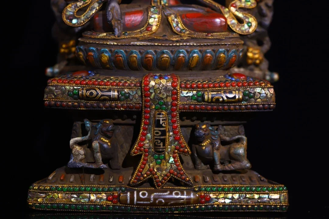 

16"Tibetan Temple Collection Old Bronze Painted Mosaic Gem gZi Beads Shell White Tara Buddhist Niche Backlight Worship Hall