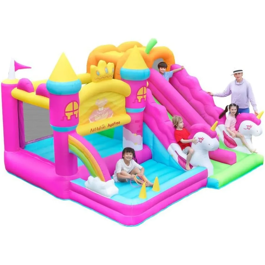 AirMyFun Надувной Bounce House Двойная горка Bounce House Розовый Крытый прыгающий замок для 3-8 6 в 1 Принцесса Bounce House с