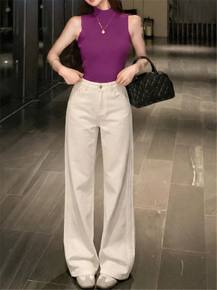 

Street Chic Women High Waist White Denim Pants Jeans 2026 New Spring Casual Wide Leg Long Pants All Match Loose Basic Trousers