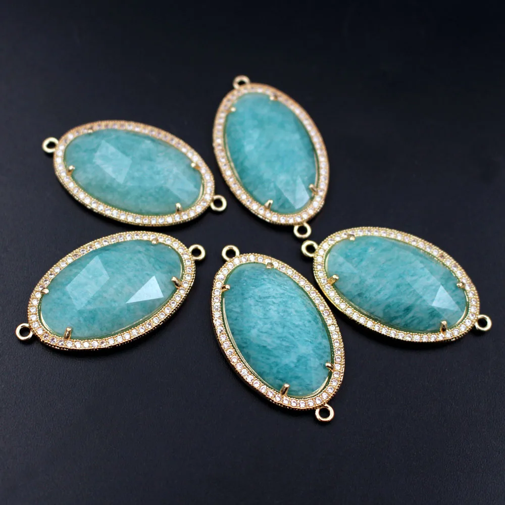 3pcs DIY Findings Oval Faceted Natural Blue Amazonite Stone CZ Pendant Connectors for Men Women Chains Bracelet Necklaces