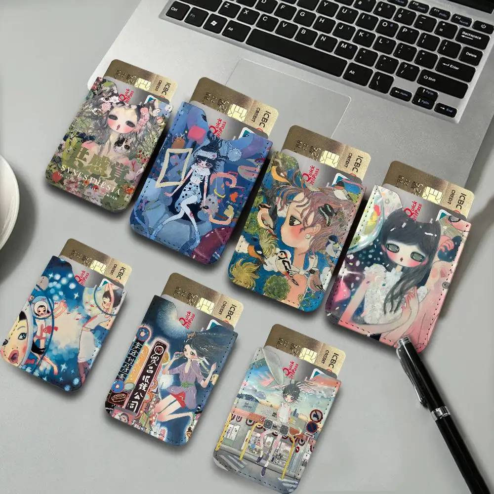 Aya Takano Cartoon Artwork Anime Universal PU Leather Slim Card Wallet, ID Credit Card Organizer, Compact Holder for Outdoor