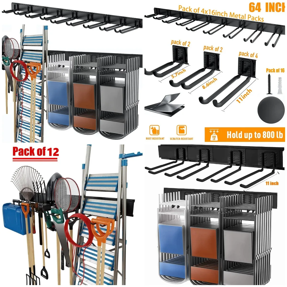 

Heavy Duty Steel Wall Mount Tool Storage Rack, 8-Pack Mixed Hooks (5.7'-11'), Holds Up to 800 lbs