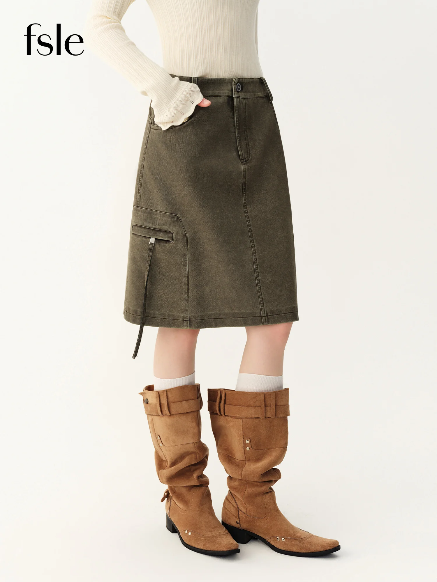 FSLE Retro Workwear Style Leather Midi Skirt for Women Autumn/winter 2026 New Cargo Style Straight Khaki Color Korean Fashion