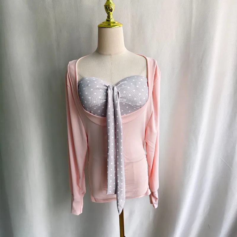 Kimotimo 2 Piece Sets Women Sweet Spicy Girl Polka Dot Bow Strapless Vest Sexy Long Sleeve T-shirts Korean Y2k Aesthetic Suits