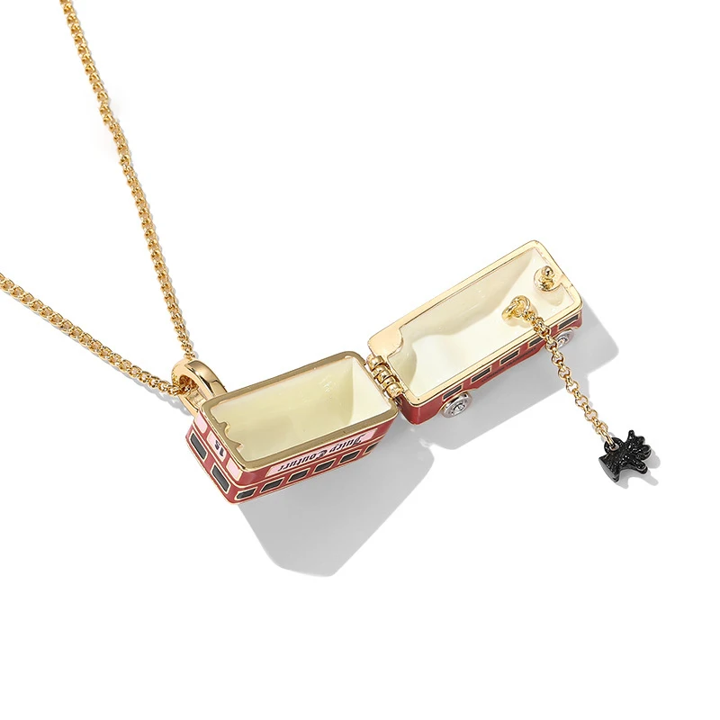 Ins Trendy Enamel Black Puppy Openable Red Bus Letter Car Pendant Necklace for Women Men Cool Unique Party Jewelry Gift
