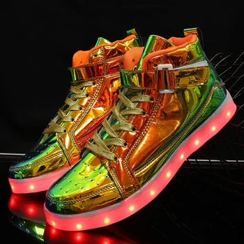 Chaussures montantes pour hommes et femmes, chaussures lumineuses à couleur changeante, baskets lumineuses LED, panneau en cuir miroir, grandes tailles 35-46