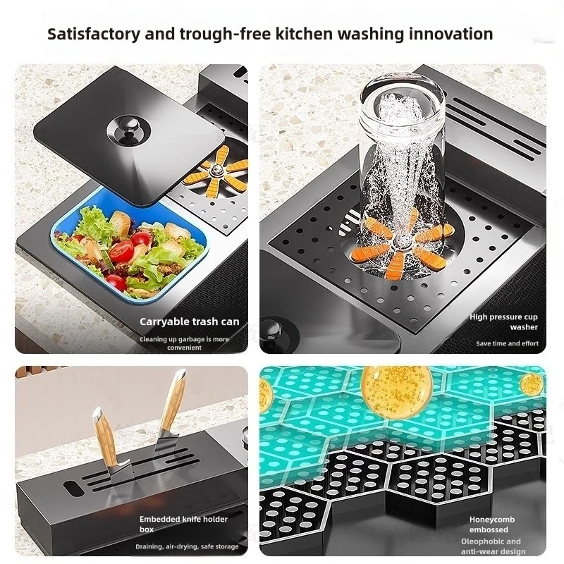 Stainless Steel Kitchen Sink with Trash Can Embossed with Waterfall Faucet Digital Display Large Single Solt Dishwashing Sinks