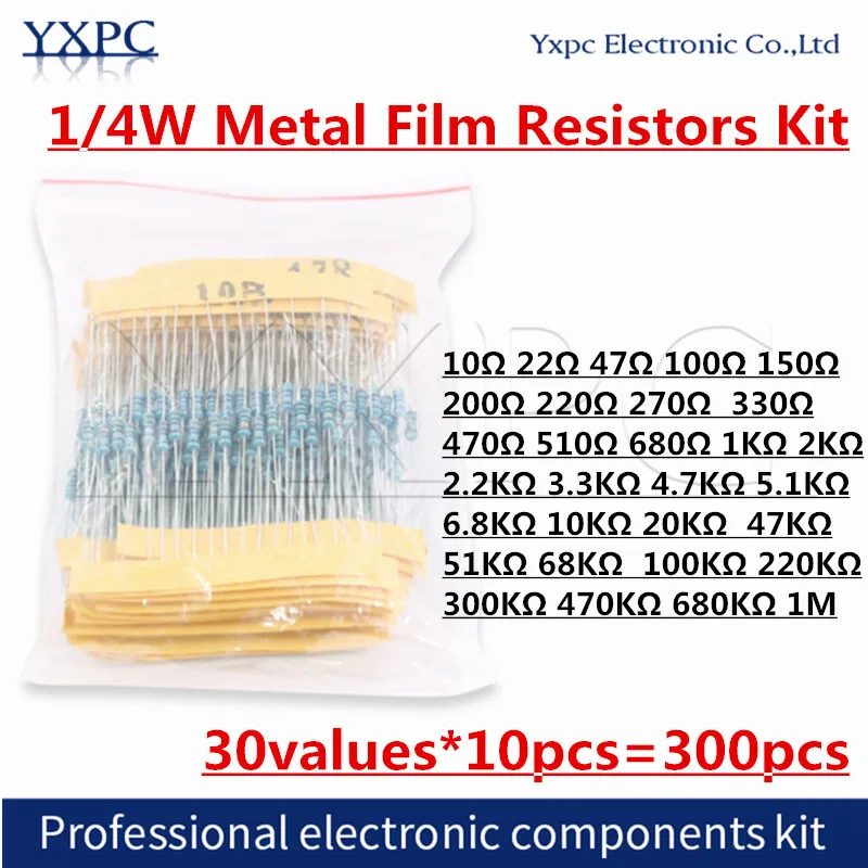 30 valuesX10pcs=300pcs 1/4W 1% Metal Film Resistors Kit  10 ohm~ 1M ohm 1K 220K 10K 100K 220ohm Resistance Set Assortment