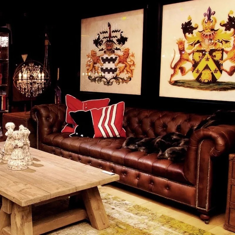 American leather sofa living room straight row three retro copper nails first layer cowhide oil
