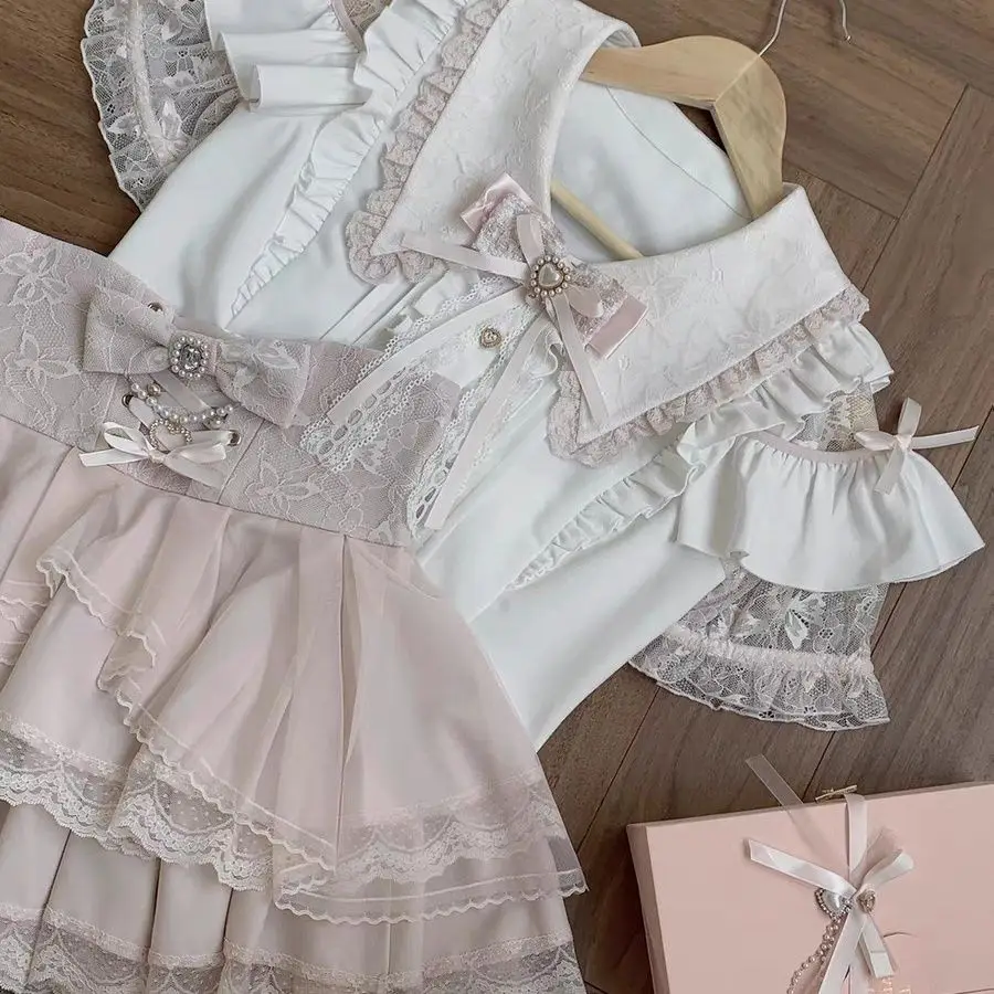 

Vintage Lolita Style Lace Shirt Woman New Japanese Sweet Slim Tops Casual Basic Solid Korean Fashion Blouse Woman Chic