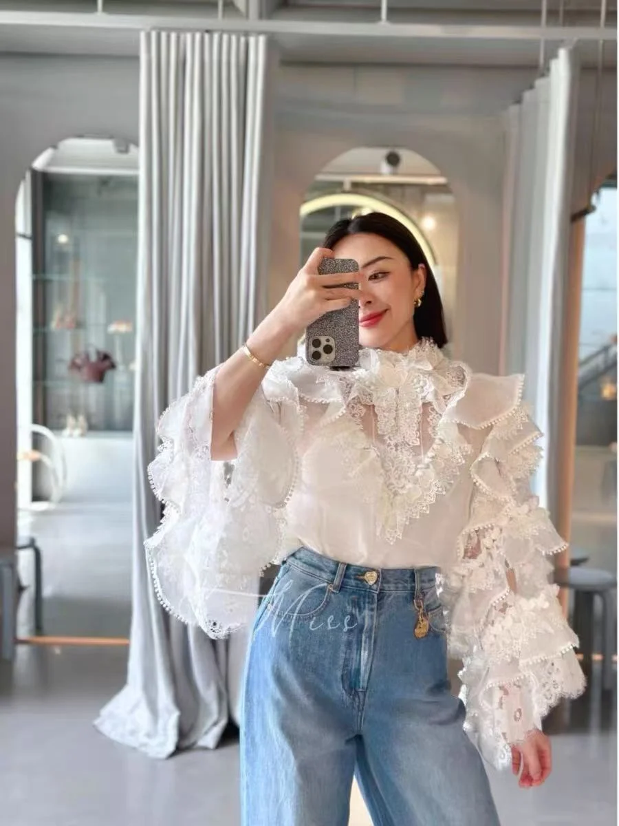 

Z Home Luxury Heavy Embellied Loose irt Spring Summer 2025 Faion ow New Design Bell Sve Sweet Sle Pure Color
