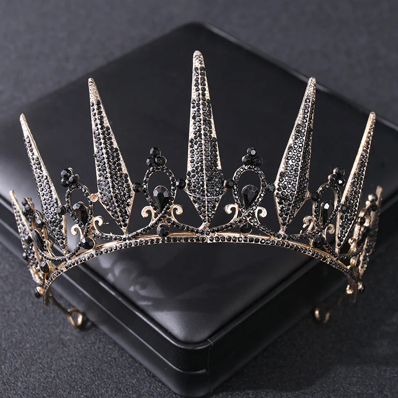 Baroque Vintage Black Crystal Rhinestone Crowns Bride Queen Princess Wedding Hair Accessories Elegant Tiara Diadem Women Jewelry