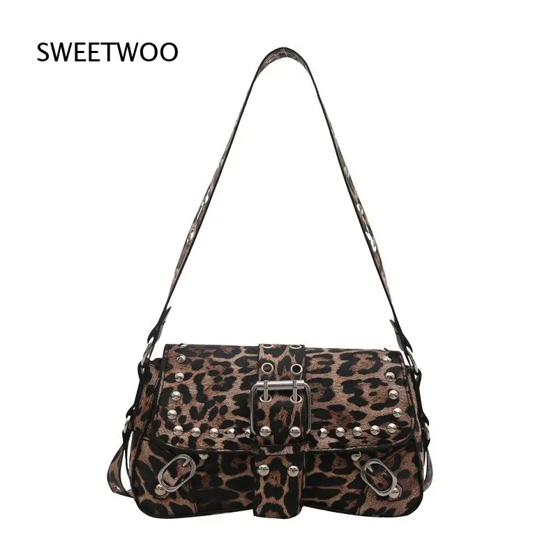 Y2K Punk Rivet Moto Mini Shoulder Bag Multi Strap Buckle Design Hot Girl Style Leopard Solid Crossbody Hobo Bag - view 5