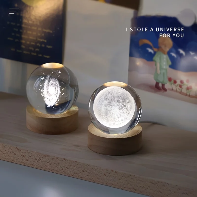 مصباح ليلي كروي كريستالي مع قاعدة USB خشبية ، كرة زجاجية محفورة بالليزر على كوكب ، ديكور منزلي لسطح المكتب ، هدية عيد ميلاد ، 6: 1: 1.2 #5