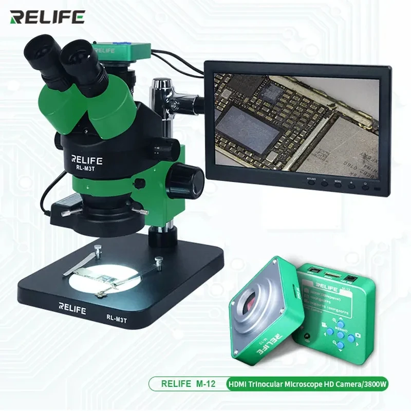 RELIFE RL-M3T-B3 Base 7X-45X Trinocular HDMI Stereo Microscope Mobile Phone PCB Boards Electronic Components SMD BGA Repair