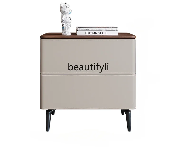 

AModern Minimalist Cream Style Bedside Table Small Apartment Home Bedroom Bedside Storage Cabinet Saddle Leather High Leg