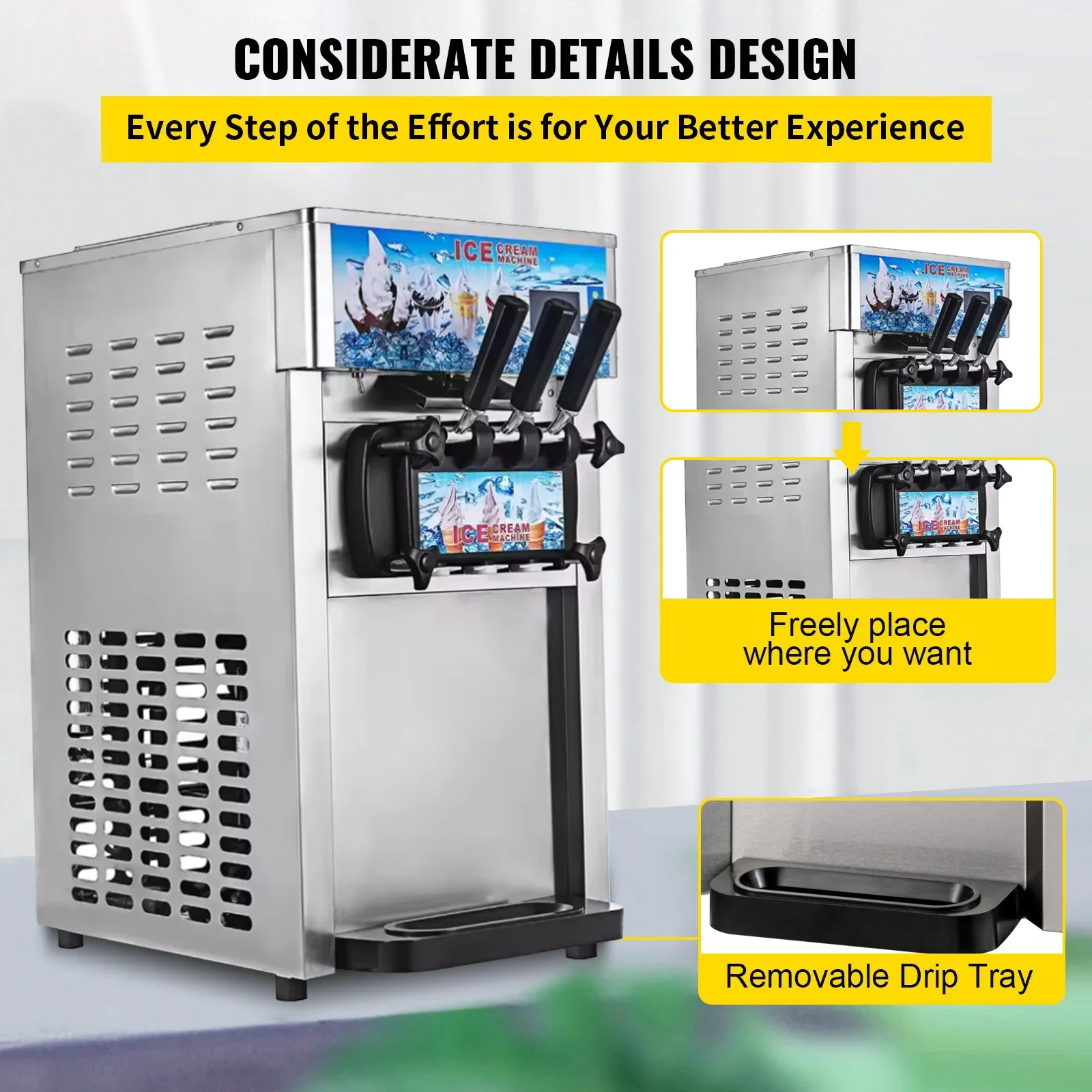 SIHAO Countertop Commercial Soft Serve Ice Cream Maker, 18L/H 3-Flavor Frozen Yogurt Machine, 1200W Compressor with LCD Digital Panel, Stainless Steel Build & One-Touch Self-Cleaning for Dessert Shop, Cafe and Snack Bar