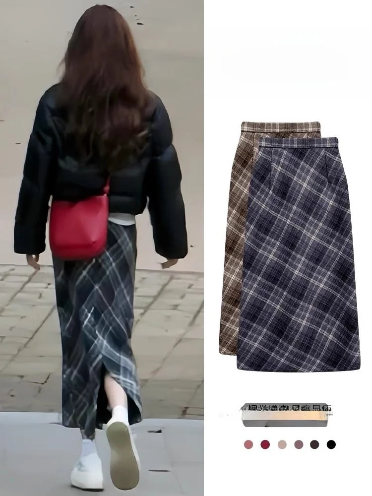 

Ретро-юбка в клетку из шерсти для женщин, зимняя, с высокой талией, прямого кроя, с разрезом, А-силуэт, миди, с запахом