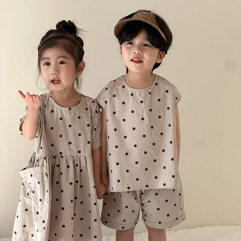 2024 Summer new children short sleeve set toddler boys tops shorts suit loose kids girls Pokal dot dress brother sisters outfits