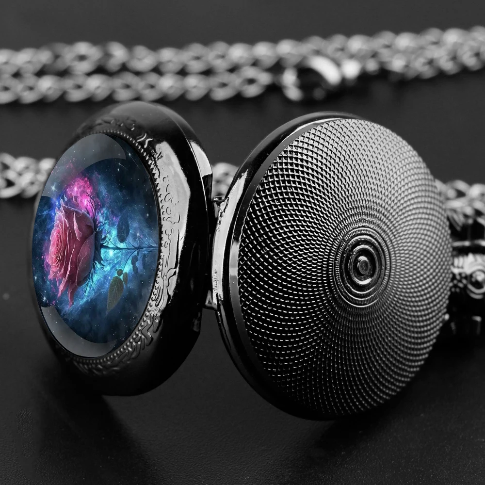 Orologio da tasca al quarzo nero con cupola in vetro rosa rosa con quadrante con numeri arabi e catena resistente, regalo retrò per uomo e donna