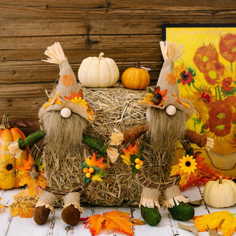 Couronne d'Automne Artificielle pour Porte d'Entrée, Gnome en Peluche, Feuilles d'Érable de Tournesol, Récolte Faite à la Main pour Décor de Thanksgivings