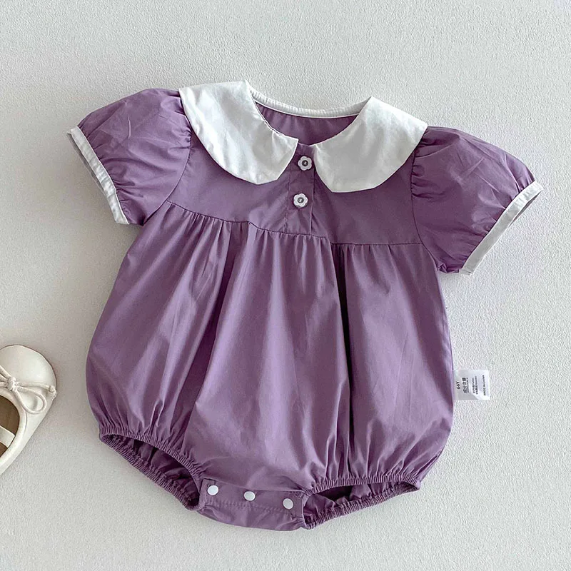 

2025 New Summer Infant Baby Girls Bodysuits Short Sleeved Cotton Splicing Toddler Baby Girls Jumpsuit 0-24M Baby Girls Clothing