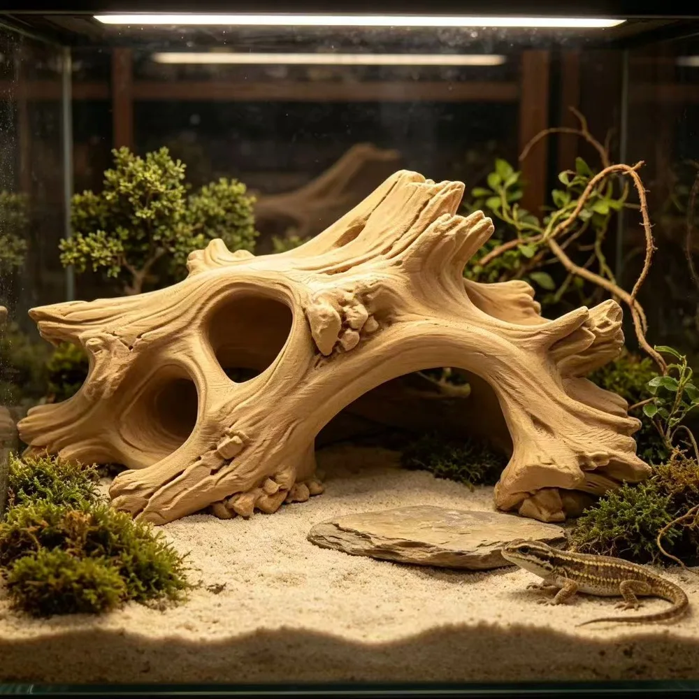3D Printed Cave Reptile Hideout, Simulation Tree Hole Ornament, Terrarium Landscape Decor for Corn Snake, Leopard Gecko, Lizard Vivarium