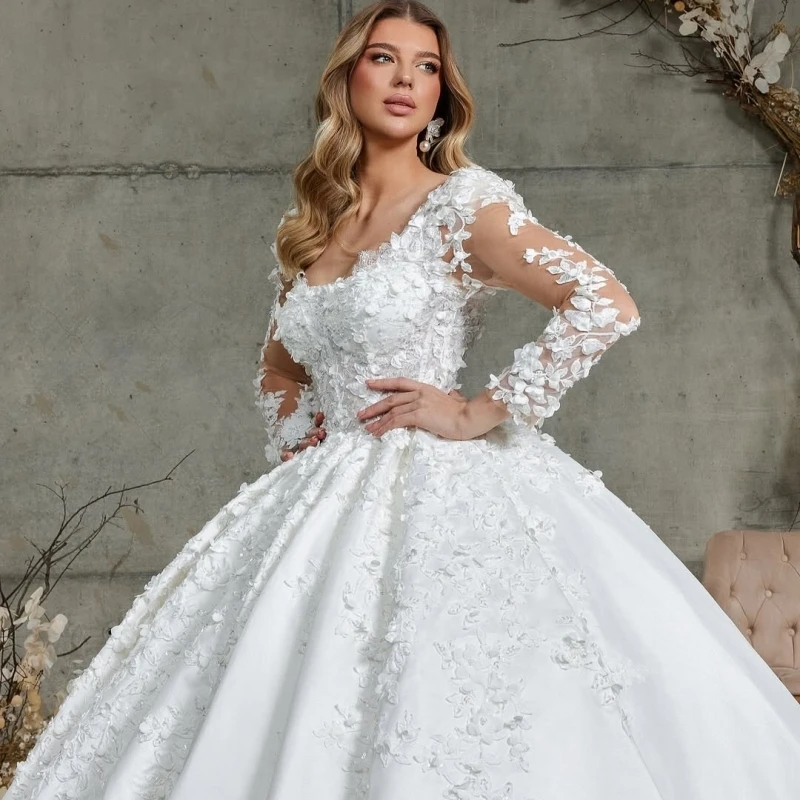 فساتين زفاف فاخرة بيضاء دبي حورية البحر العربية مزينة بالدانتيل وأكمام طويلة تول كريستال على شكل حرف a ذيل محكمة فستان الزفاف Brida