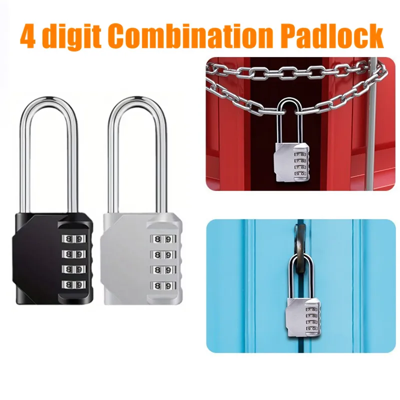 4-Digit Long Shackle Combination Padlock, Zinc Alloy Code Lock for Luggage/Gym/Locker, Black & White, Weatherproof Security Lock