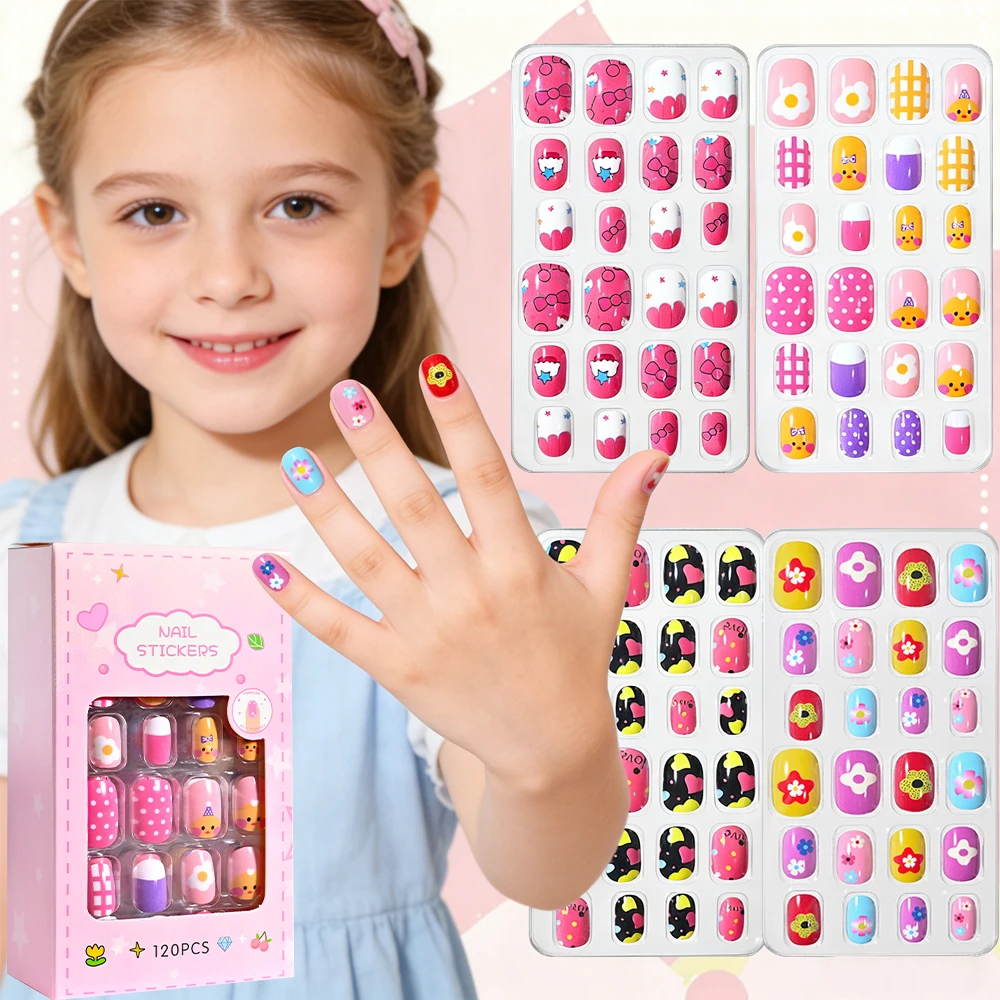 

120 шт./упак. Детские накладные ногти с мультяшными цветами и животными, короткие квадратные, разноцветные, с овечками и бантиками, милые, для вечеринок, декор для ногтей