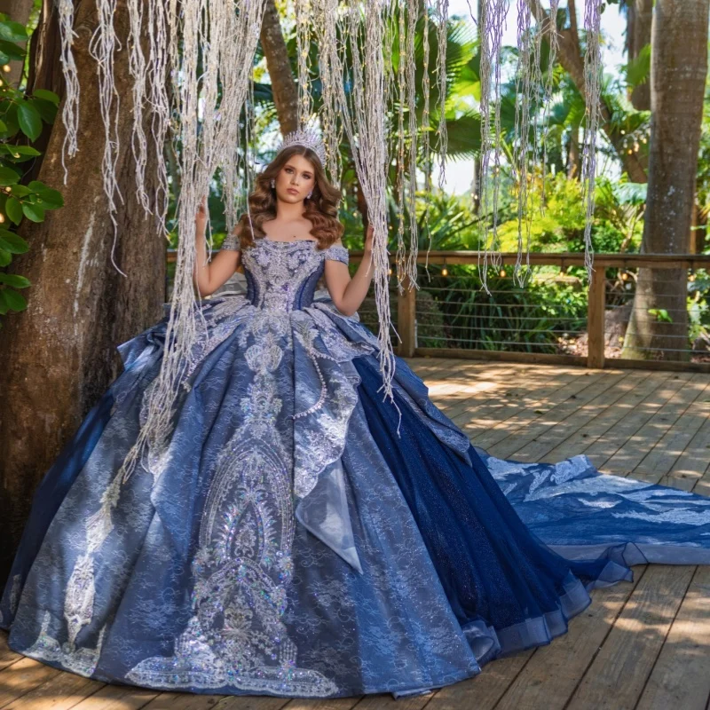 Luxury Dark Blue Quinceanera Dress off-shoulder Glitter Crystal Decal Long tail Big Bow vestidos de 15 Quinceanera ﻿Customize