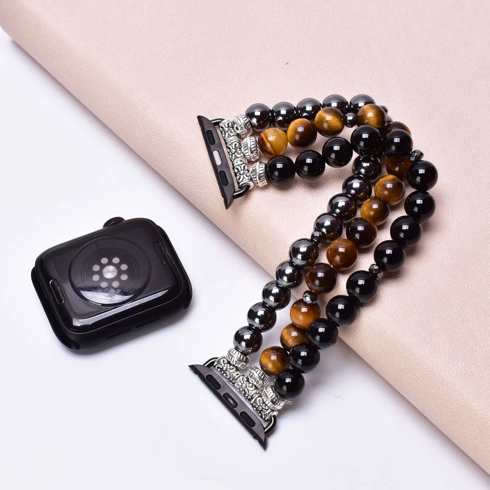 Hematite Tiger Eye Black Onyx Apple Watch Band 38mm 40mm 41mm 42mm 44mm 45mm Stone Beaded Bracelet Strap for Iwatch Series 1-SE