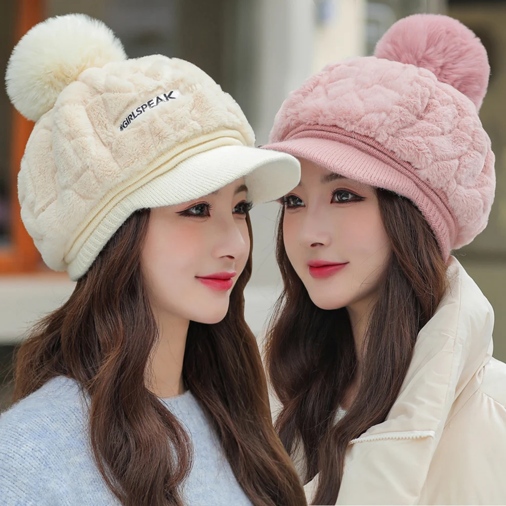 Winter Peaked Cap White Duck Tongue Cap Fluffy Plush Hat Thick Fur Faux Caps Head Warmer Outdoor Visors Peaked Cap Women Girl