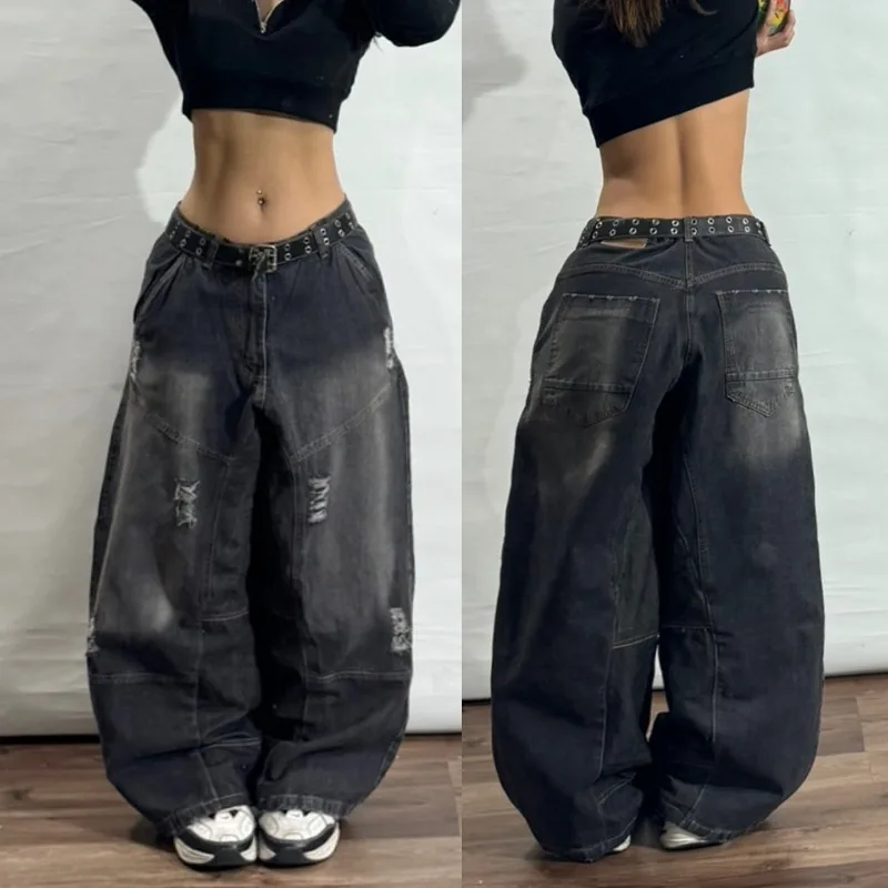 

Street Vintage New Fashion Black Washed Stitching Baggy Jeans Women Y2K Gothic Harajuku Hiphop Popular High Waist Wide Leg Pants