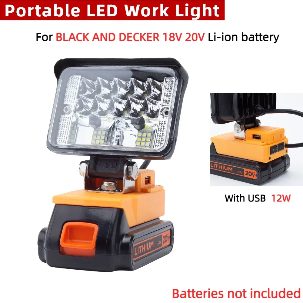 Luz de trabalho LED para BLACK AND DECKER 18V/20V MAX Bateria portátil para acampamento ao ar livre Luzes de emergência com USB (excluindo bateria)