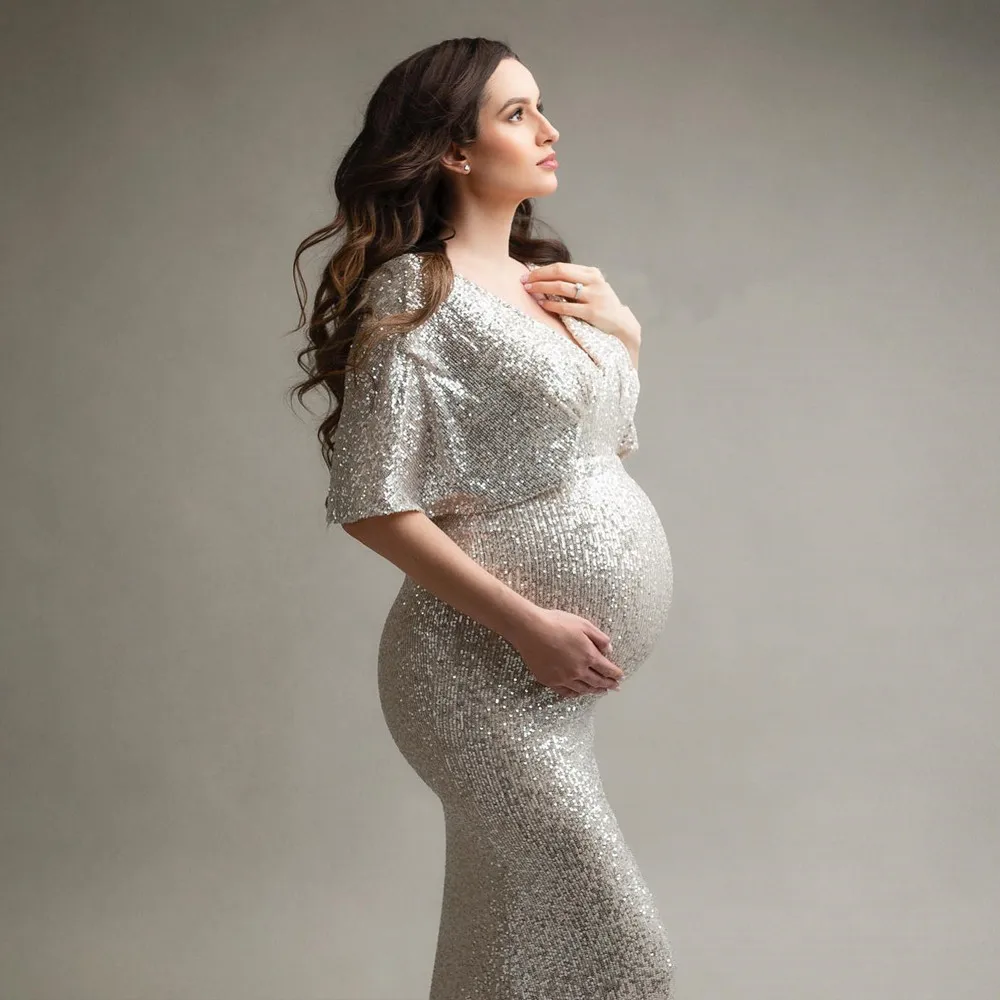 Sequins Maternity Photography Long Dresses Stretchy Pregnant Woman Party Dress For Photo Shoot