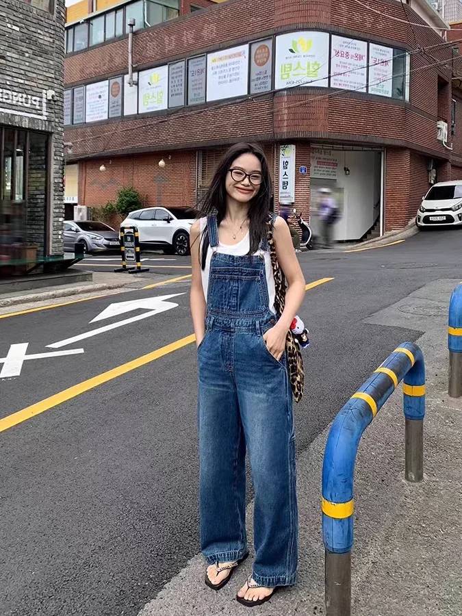 

Американские ретро-джинсовые комбинезоны женские, весна-осень, свободные, с широкими штанинами, прямого кроя, рабочая одежда, джинсы с высокой талией, синий цвет