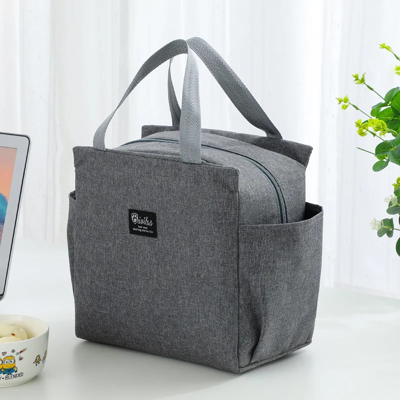 Double pockets Portable lunch bag lunch box insulated canvas tote bag school lunch portable dinner box picnic food storage image 3