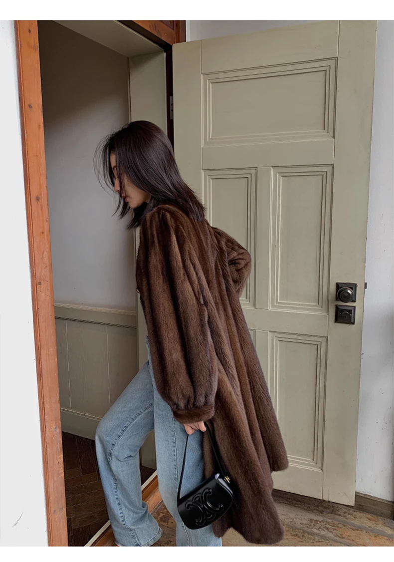 Lautaro Winter Long Brown Thick Warm Soft Faux Mink Fur Coat Women Puff Sleeve Elegant Luxury Chic Fluffy Furry Overcoat 2023