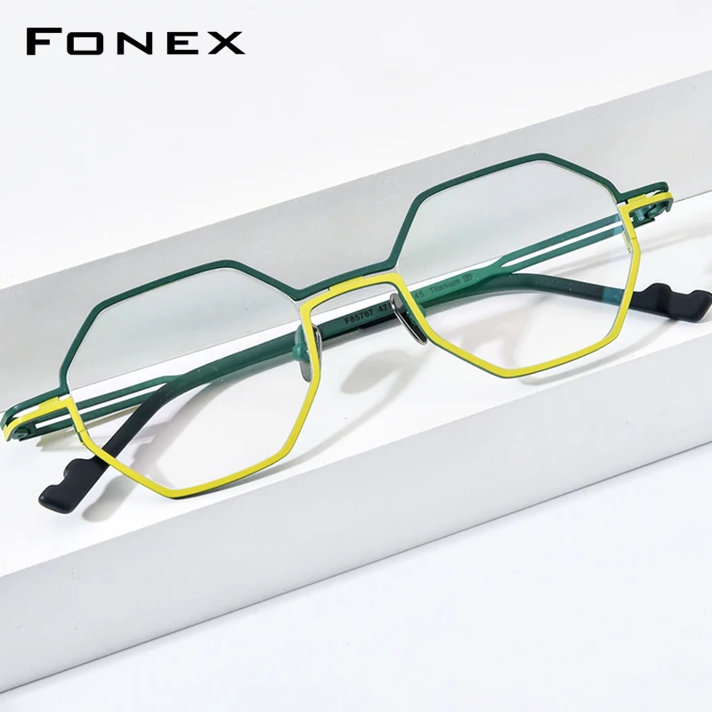 FONEX Pure Titanium Frame Eyeglasses Men New Brand Design Retro Polygon Round Glasses Women Ultralight Vintage Eyewear 85849